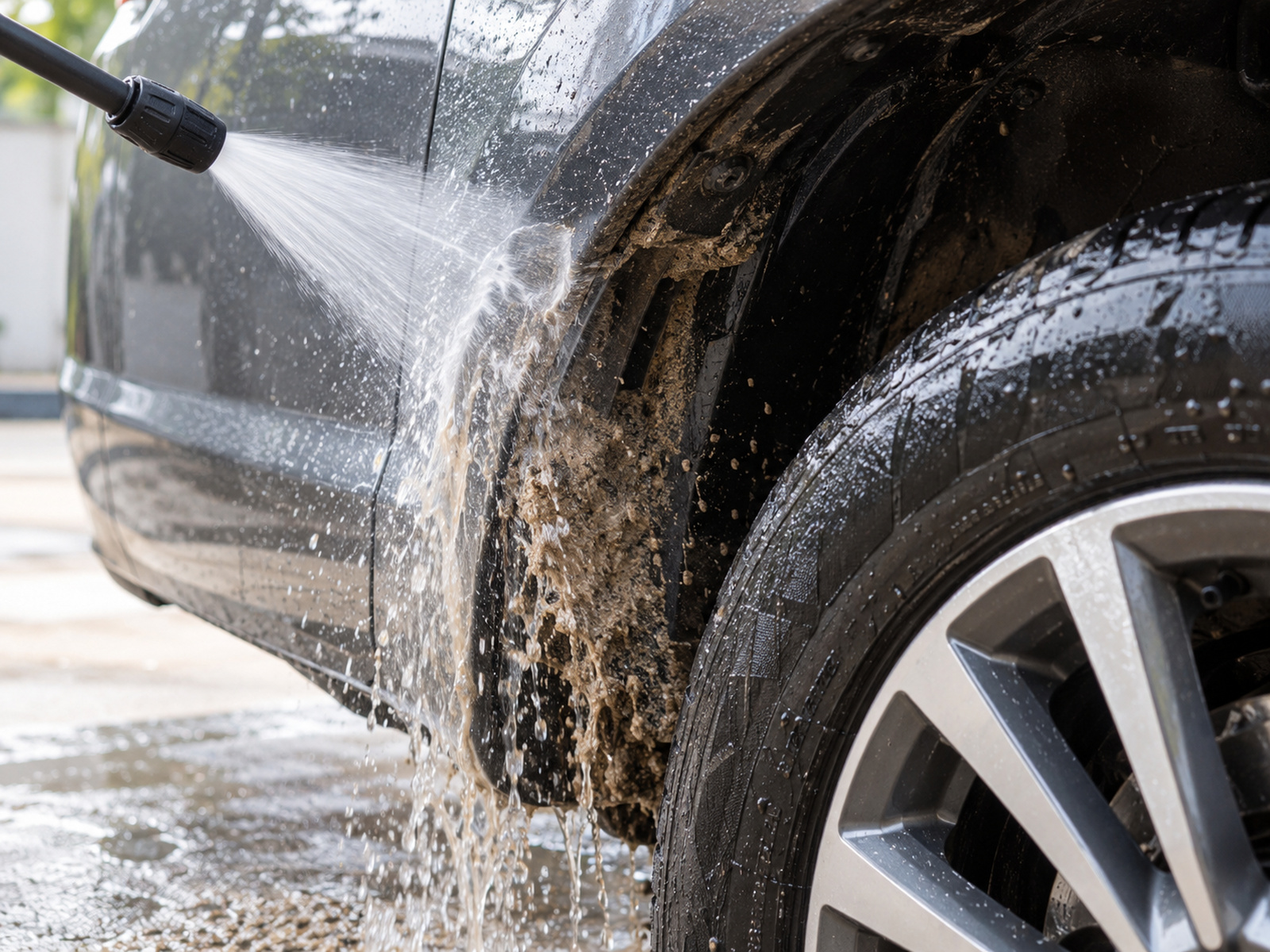 Rinsing sand from a wheel arch with water spray, close-up