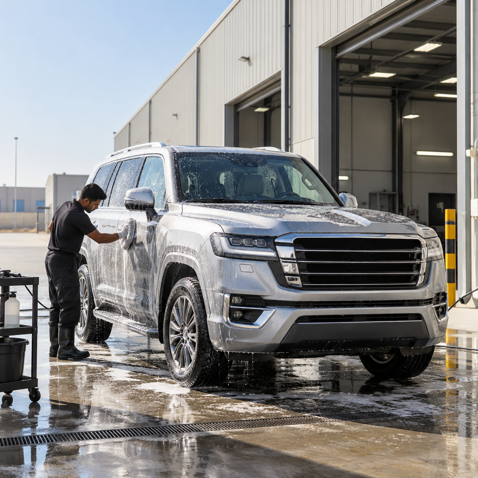 Clean pickup or SUV in front of a large Mussafah warehouse, strong sun, generic unbranded car, no logo, no plate